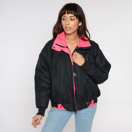 80s Obermeyer Black Puffer Ski Jacket Neon Pink Trim Medium