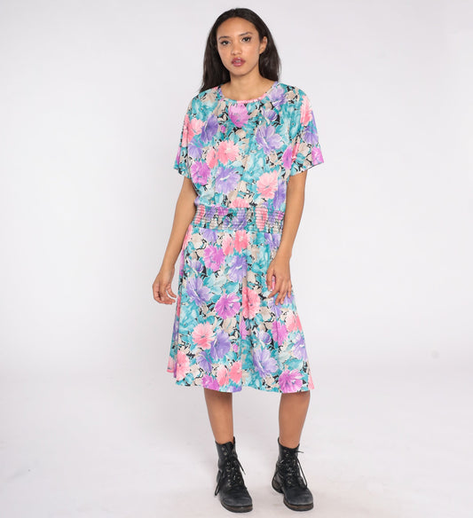 80s Floral Midi Dress Elastic Waist Short Sleeve Blouson Large L