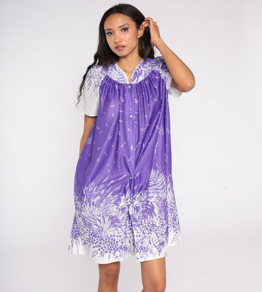 80s Purple Floral Pajama Dress Button-Up Nightgown Short Sleeve Medium