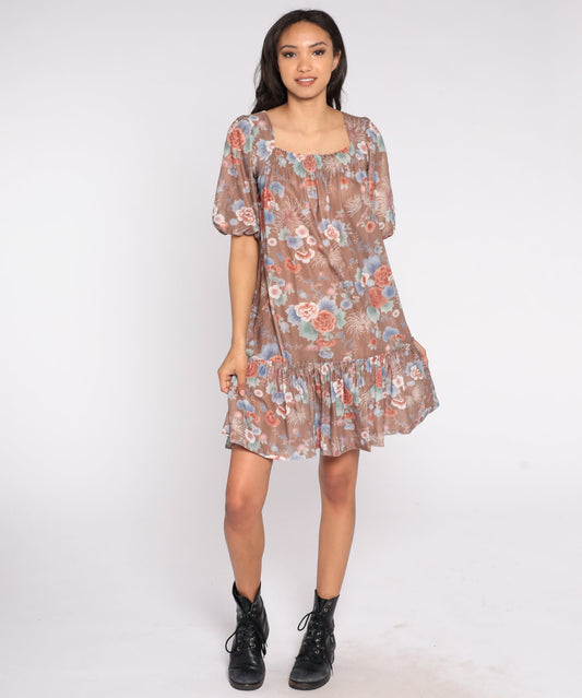 70s Floral Tent Dress Knee Length Ruffle Peasant Sleeve Small Medium