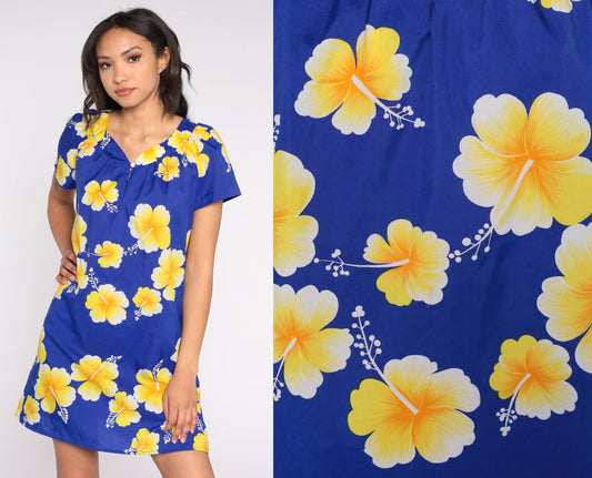 80s Hawaiian Floral Mini Dress Tent Cut Hibiscus Print Short Sleeve Medium