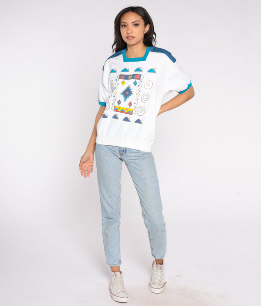 80s Southwestern Geometric Wave Ringer Tee Denim Shoulder Medium