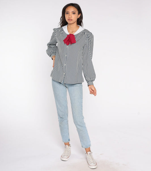 80s Striped Sailor Collar Blouse Ascot Bow Puff Sleeve Button Up Medium