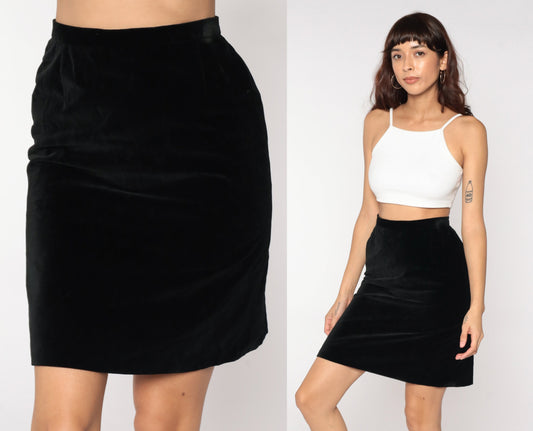 80s Black Velvet Pencil Mini Skirt High Waist Small S