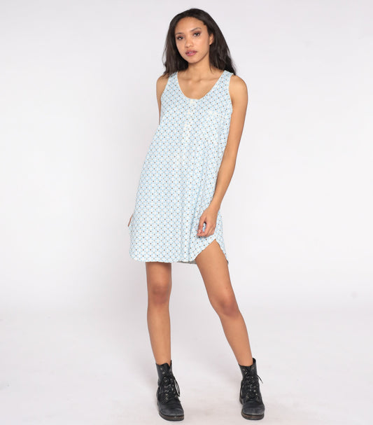90s Checkered Heart Print Nightgown Blue White Plaid Sleeveless Button-Up Large
