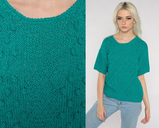 80s Green Nubby Knit Short Sleeve Pullover Silk Rayon Top Medium M