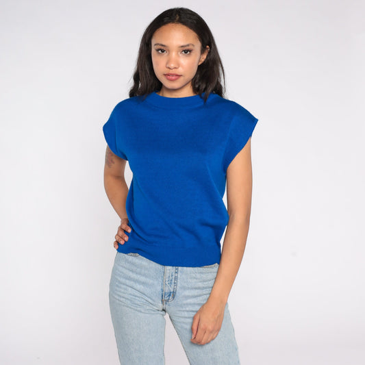 80s Royal Blue Knit Cap Sleeve Sweater Top Medium