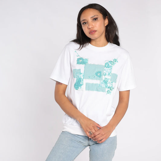 80s White Floral Embroidered T-Shirt Green Print Short Sleeve Small