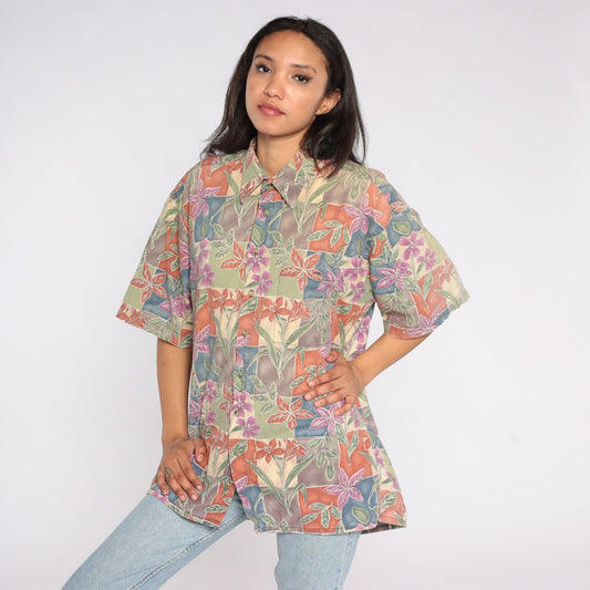 90s Pierre Cardin Floral Button Up Shirt Green Purple Cotton Extra Large Tall