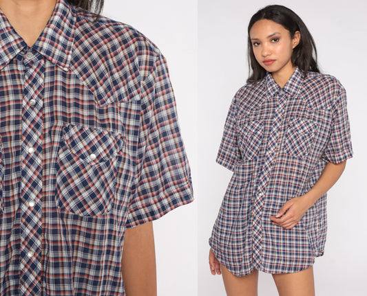 80s Western Pearl Snap Shirt Blue Red Plaid Short Sleeve Extra Large XL