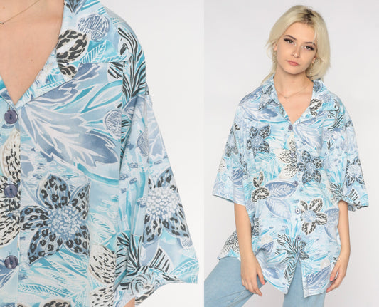 90s Blue Tropical Floral Hawaiian Button-Up Shirt Plus Size XXL