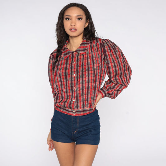 80s Liz Claiborne Plaid Blouse Puff Sleeve Button-Up Red Green Large