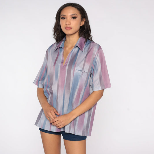 70s Striped V-Neck Blouse Purple Blue Short Sleeve Small