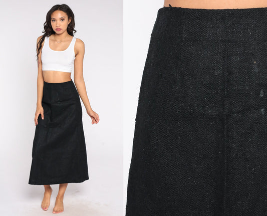 60s Black Tweed Maxi Skirt High Waist Back Zip Small