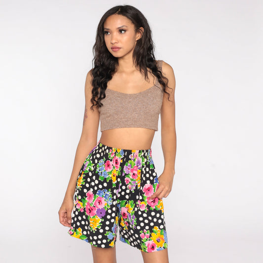 90s Floral Polka Dot High-Waisted Rayon Shorts Black White Small Medium