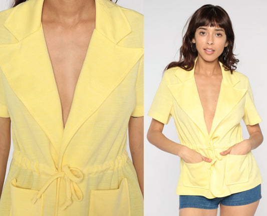 70s Yellow Tie Front Blouse Notched Collar Deep V Neck Short Sleeve Medium