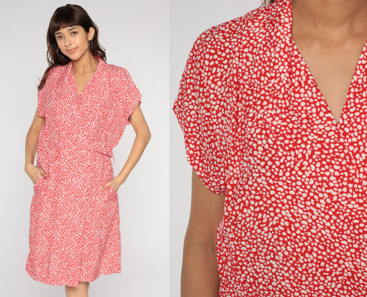 80s All That Jazz Midi Wrap Dress Red Pebble Print Pockets V-Neck Large 14