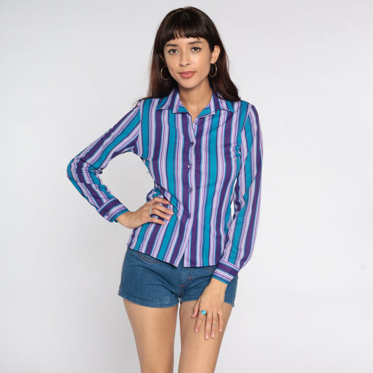 80s Striped Button-Up Blouse Purple Blue Long Sleeve Collared Shirt Small