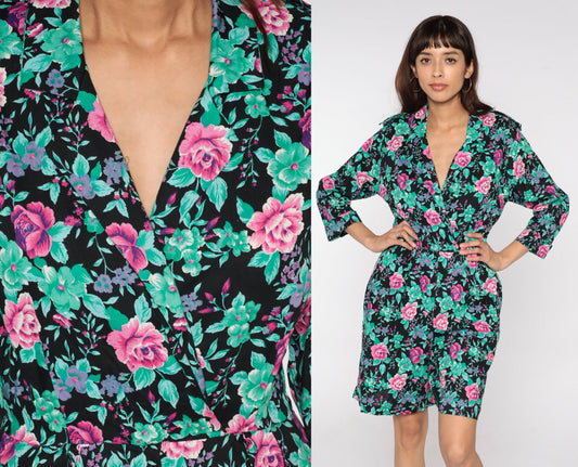 80s Floral Wrap Dress Black Pink Green Purple Mini High Waisted Small