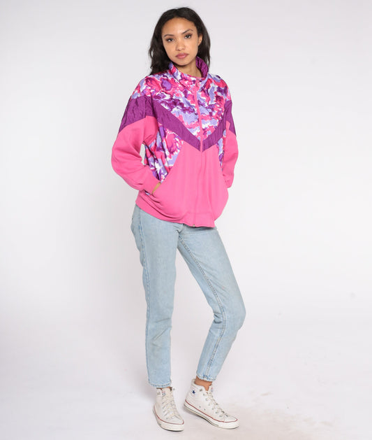 90s Pink Floral Color Block Zip Windbreaker Sweatshirt Medium M