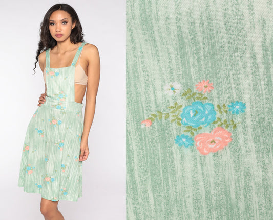 70s Green Floral Apron Dress Midi Pinafore Small