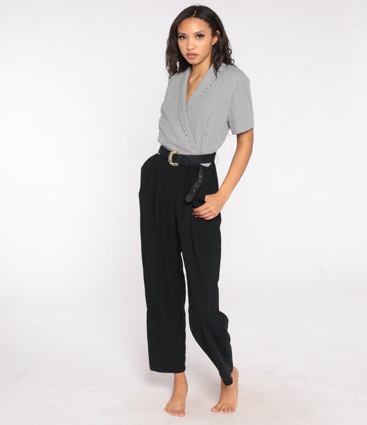 80s Black Checkered Jumpsuit High Waisted Collared V Neck Belted Pantsuit Large