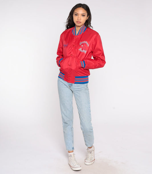 80s Red Bomber Jacket Cheryl American Realty Embroidered Snap Front Extra Small XS