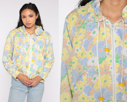80s Floral Hooded Windbreaker Pastel Zip-Up Jacket Medium