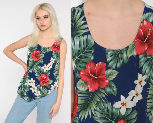 90s Tropical Floral Tank Top Blue Hibiscus Print Sleeveless Blouse Medium
