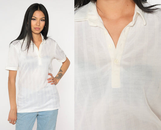 80s Adidas Polo Shirt White Half Button Collared Short Sleeve Medium