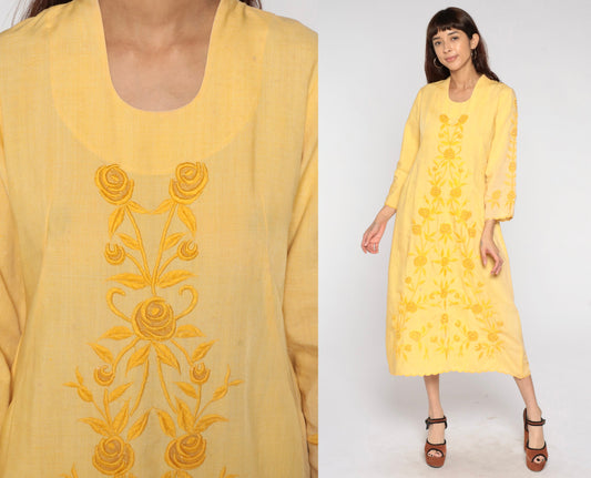 70s Yellow Floral Embroidered Midi Dress Long Sleeve Shift Small Medium