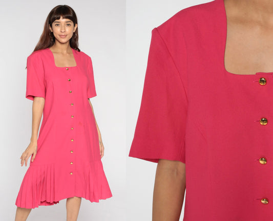 80s Liz Claiborne Pink Button-Up Midi Dress Drop Waist Shift Extra Large XL