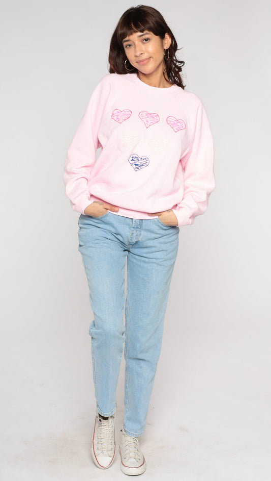 80s Hand Painted Heart Sweatshirt Baby Pink Raglan Graphic Large L