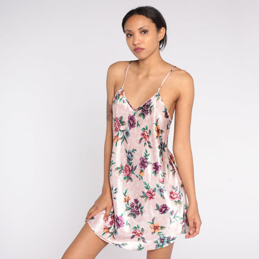 90s Pink Floral Slip Dress Spaghetti Strap Mini Nightgown Medium M