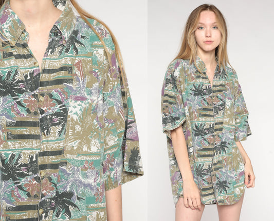 90s Tropical Palm Tree Button Up Shirt Olive Short Sleeve Extra Large