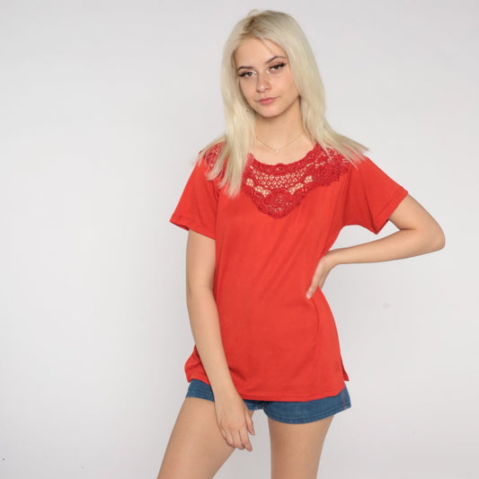 90s Red Crochet Trim Short Sleeve Blouse Cotton Medium M