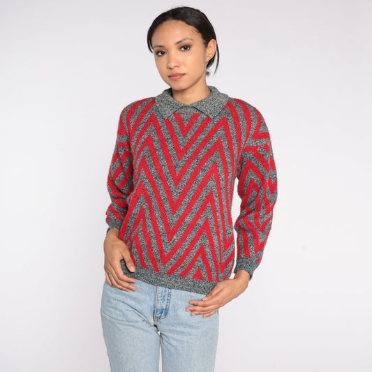 80s Chevron Striped Collared Sweater Red Grey Knit Pullover Small