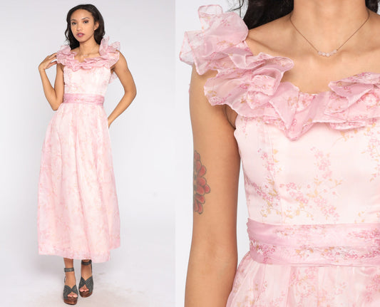 70s Baby Pink Floral Maxi Dress Fitted Bodice High Waist Ruffle Neckline Small