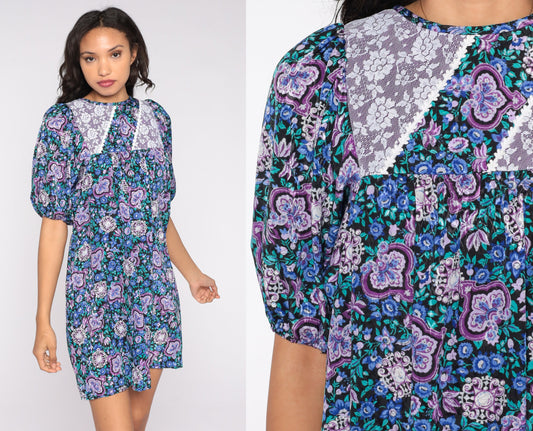 80s Blue Floral Babydoll Mini Dress Lace Bib Balloon Sleeve Small