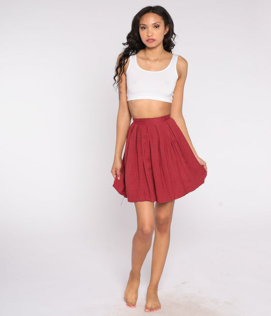 60s Red Checkered Pleated Mini Skirt High Waisted XXS