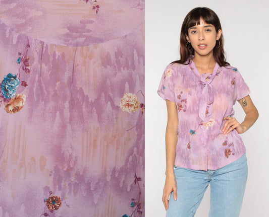 70s Purple Floral Ascot Blouse Button-Up Short Sleeve Small