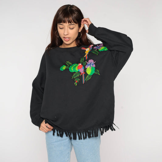90s Tropical Bird Fringe Sweatshirt Black Graphic Parrot Crewneck Extra Large