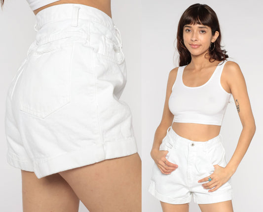 Y2K White Denim Shorts High Waisted Cuffed Jean Shorts Small