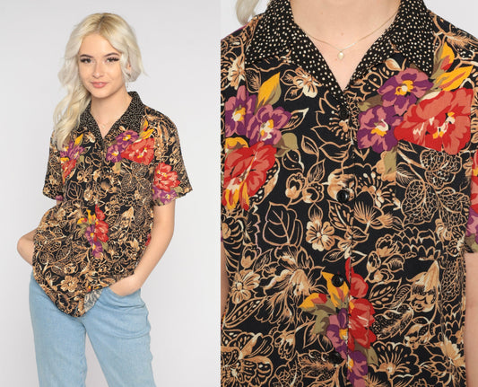 90s Floral Leaf Polka Dot Button-Up Blouse Black Short Sleeve Small