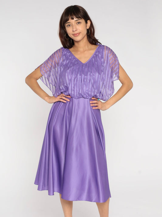 70s Purple Grecian Midi Dress Flutter Sleeve High Waist Small