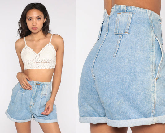 90s Light Wash Denim Shorts High Waisted Pleated Cuffed Small