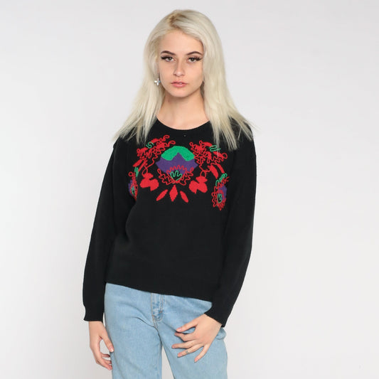 80s Black Floral Abstract Knit Sweater Pullover Medium M