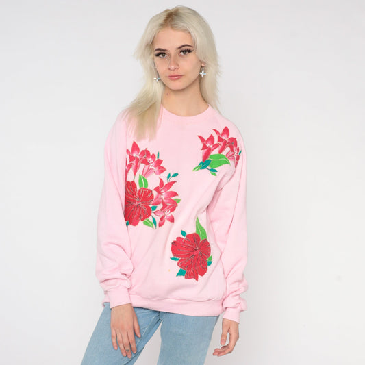 90s Jerzees Floral Sweatshirt Baby Pink Glitter Graphic Raglan Large