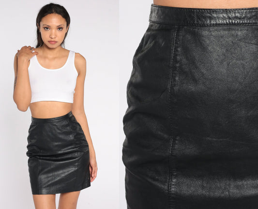 90s Black Leather Mini Skirt High Waist Pencil Bodycon Extra Small XS