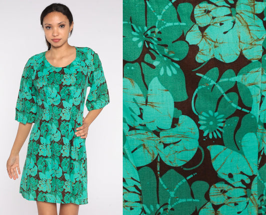 70s Hawaiian Floral Mini Dress Brown Green Hibiscus Print Small